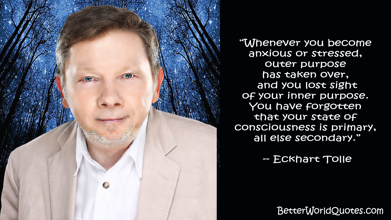 Eckhart Tolle: Whenever you become anxious or stressed, outer purpose has taken over, and you lost sight
of your inner purpose. You have forgotten that your state of consciousness is primary, all else secondary.
 Eckhart Tolle
