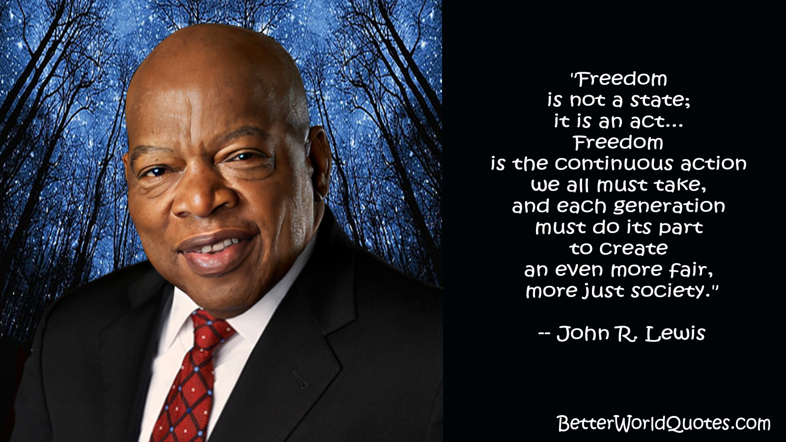 John R. Lewis: Freedom is not a state; it is an act... Freedom is the continuous action we all must take, and each generation must do its part to create an even more fair, more just society.