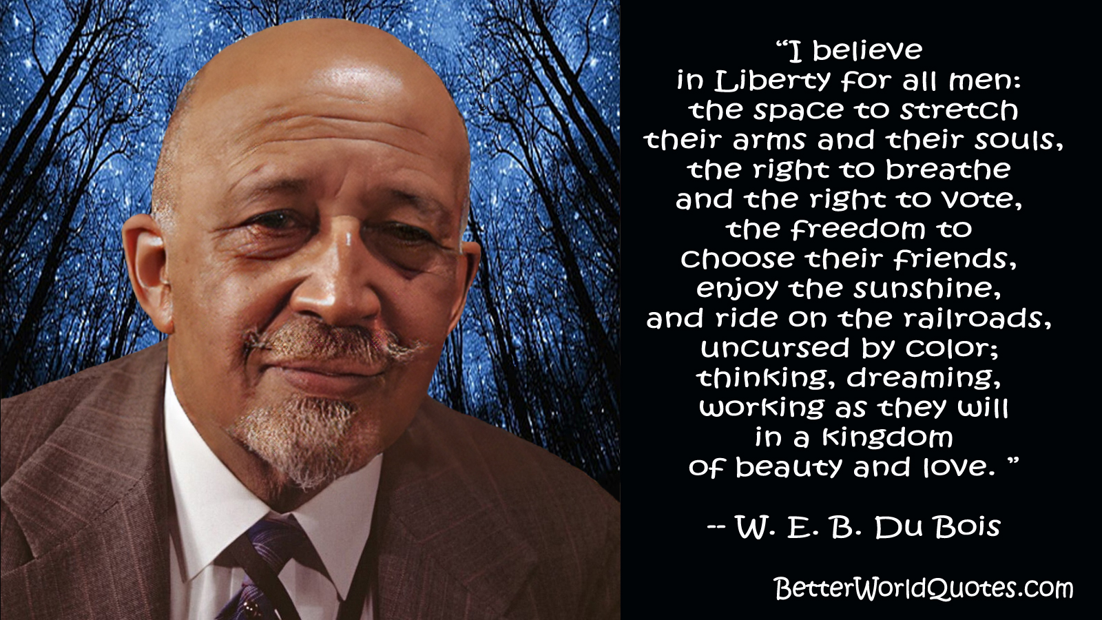 W. E. B. Du Bois: I believe in Liberty for all men: the space to stretch their arms and their souls, the right to breathe and the right to vote, the freedom to choose their friends, enjoy the sunshine, and ride on the railroads, uncursed by color; thinking, dreaming, working as they will in a kingdom of beauty and love.